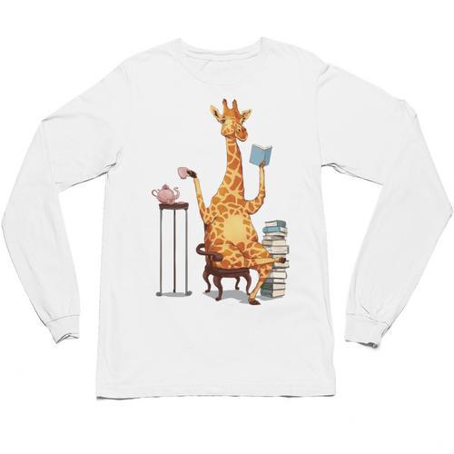 Giraffe Reading Tea Books Coffee Book Lover Graphic Unisex Long Sleeve T-Shirt - Bookorys