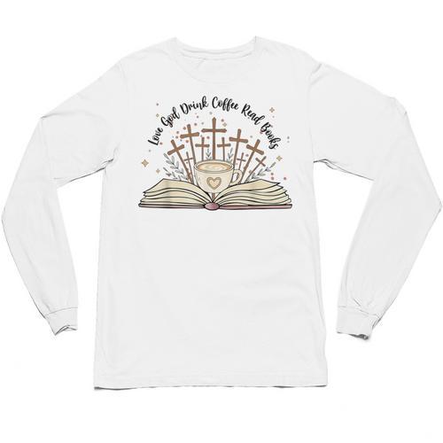 Groovy Flowers Love God Drink Coffee Read Books Christian Unisex Long Sleeve T-Shirt - Bookorys