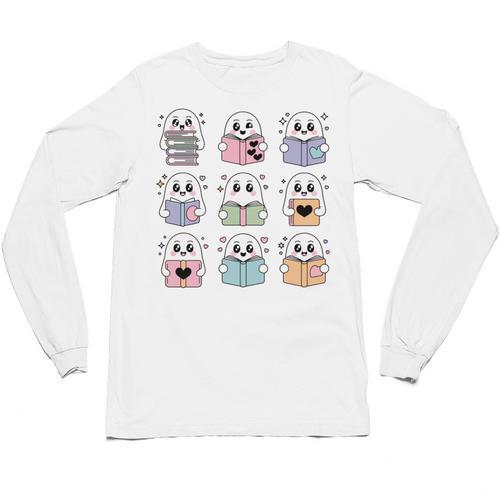 Halloween Ghosts Reading Books Pattern Spooky Kawaii Anime Unisex Long Sleeve T-Shirt - Bookorys