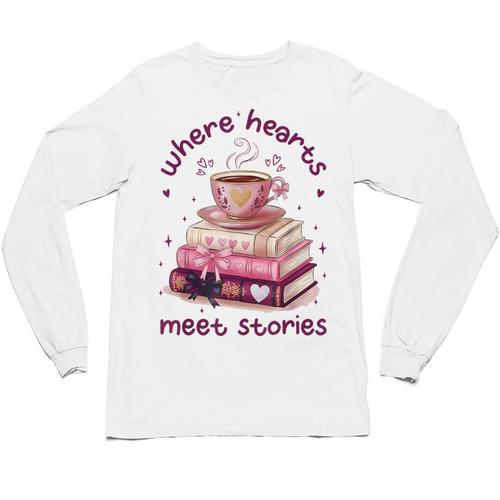 Where Hearts Groovy Meet Stories Coffee Books Valentines Day Unisex Long Sleeve T-Shirt - Bookorys DE