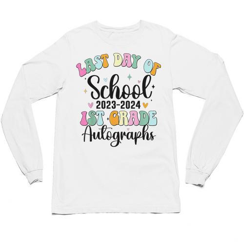 Last Day Autographs 1st Grade Graduation Boys Girls Groovy Unisex Long Sleeve T-Shirt - Best Gift Smart