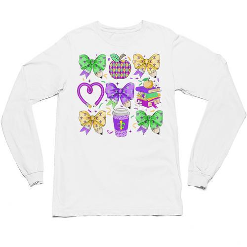 Mardi Gras Teacher Coquette Bow Pencil Apple Book Women Girl Unisex Long Sleeve T-Shirt - Bookorys DE