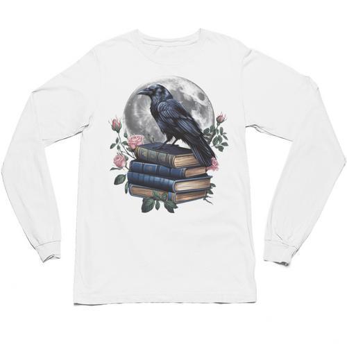 Raven Nature Art Crow Moon Book Cottagecore Botanical Flower Unisex Long Sleeve T-Shirt - Bookorys AU