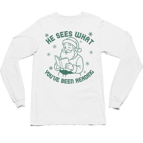He Sees What You'Ve Been Reading Christmas Bookish Santa Premium Tri-Blend Unisex Long Sleeve T-Shirt - Bookorys