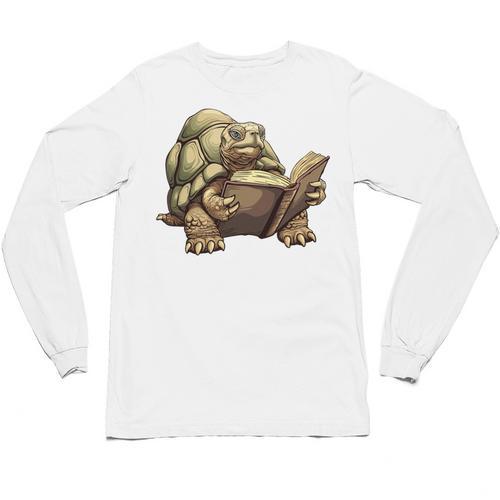 Sulcata Tortoise Reading A Book Unisex Long Sleeve T-Shirt - Bookorys