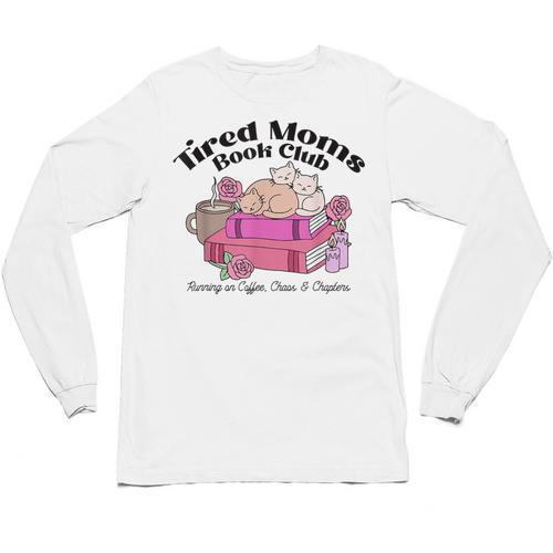 Tired Moms Book Club Running On Coffee Chaos And Chapter Cat Unisex Long Sleeve T-Shirt - Bookorys AU