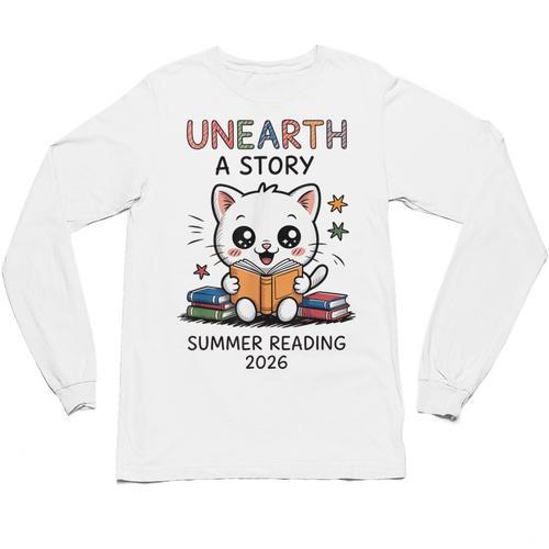 Unearth a Story Cute Kitten Summer Reading 2026 Cat Book Unisex Long Sleeve T-Shirt - Bookorys AU