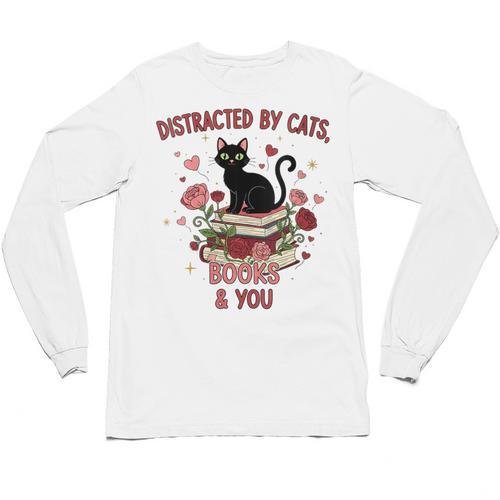 Women's Cat Books Romantic Floral Aesthetic Book Lover Cat Owner Unisex Long Sleeve T-Shirt - Bookorys AU
