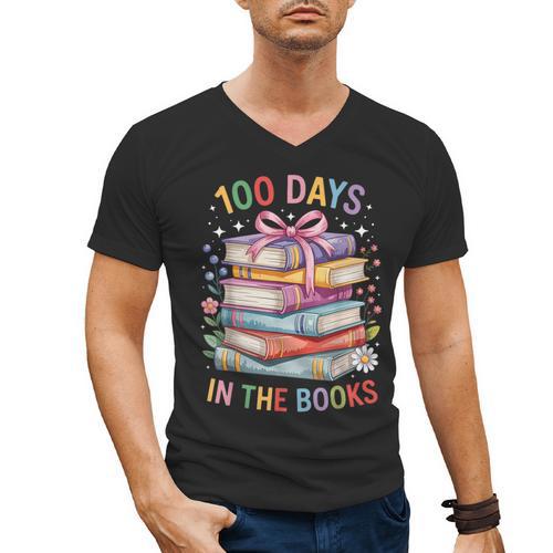 100 Days In The Books Cute Book 100 Days Of School Teachers Men's V-Neck T-Shirt - Bookorys