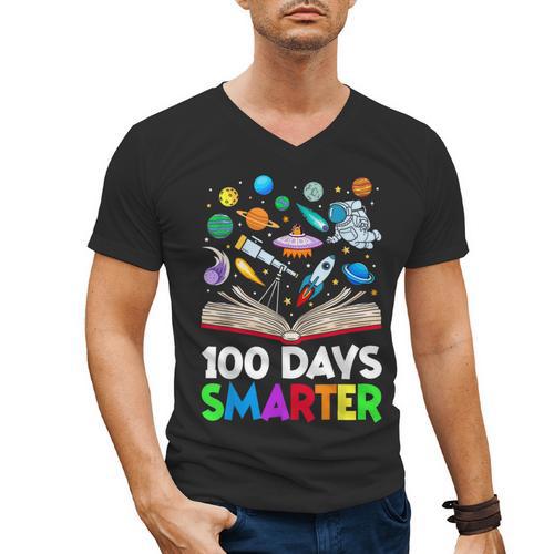 100th Day Of School Astronaut Books Space 100 Days Smarter Men's V-Neck T-Shirt - Bookorys