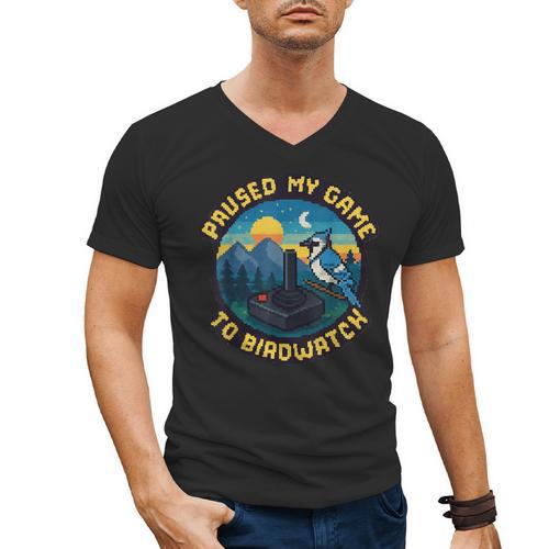 8-Bit Gamer Birder Blue Jay Arcade Nostalgia Nature Men's V-Neck T-Shirt - Figerry