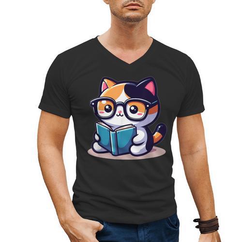 Adorable Book Lover Calico Cat With Reading Glasses Cute For Men Women Kids Men's V-Neck T-Shirt - Bookorys AU