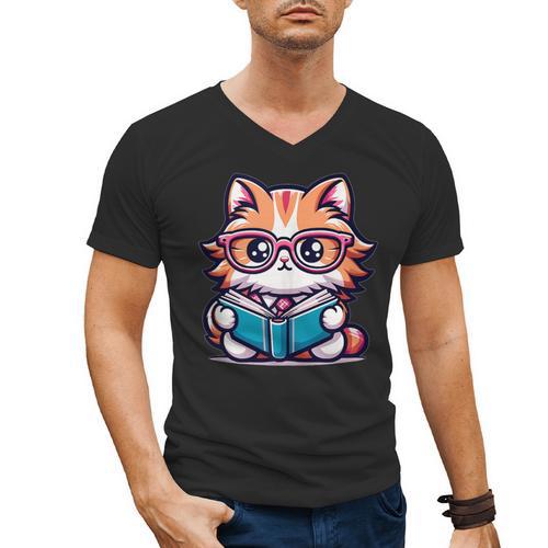 Adorable Book Lover Maine Coon Cat With Reading Glasses Cute Men's V-Neck T-Shirt - Bookorys UK