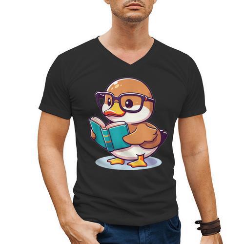 Adorable Book Lover Mallard Duck With Reading Glasses Cute Men's V-Neck T-Shirt - Bookorys UK