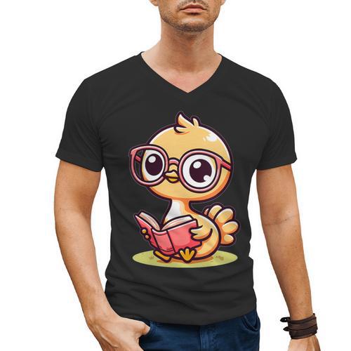 Adorable Book Lover Ostrich With Reading Glasses Cute Men's V-Neck T-Shirt - Bookorys DE
