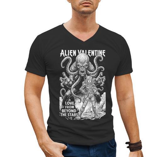 Alien Valentine Science Fiction Vintage Comic Book Men's V-Neck T-Shirt - Bookorys