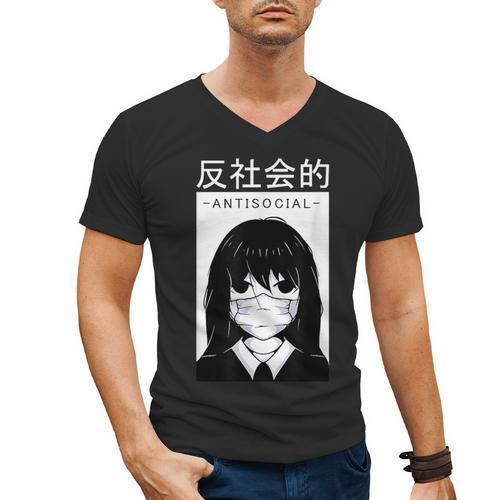Anime Antisocial Introvert I Hate People Anti Social EMD Men's V-Neck T-Shirt - Raresse