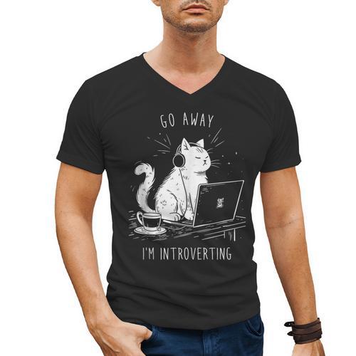 Antisocial Introvert Cat With Coffee On Computer Emo Goth Men's V-Neck T-Shirt - Raresse