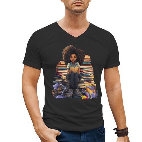 Back To School Afro Melanin Girl Reading Book Bookworm Men's V-Neck T-Shirt - Bookorys