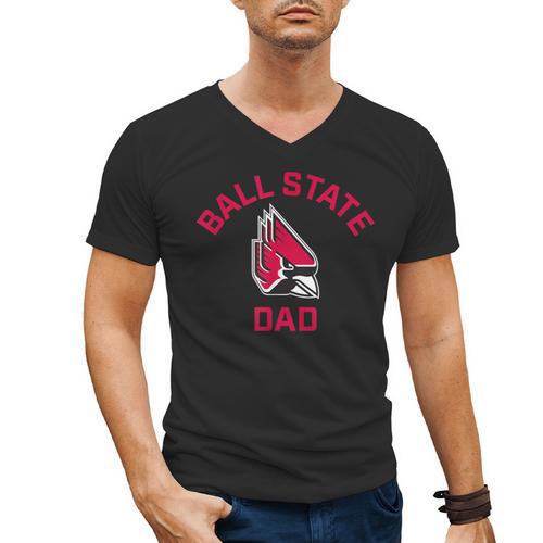 Ball State University Cardinals Arched Dad Men's V-Neck T-Shirt - Father's Day Fun