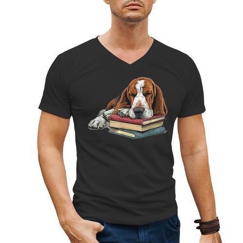 Basset Hound Books Dog Breed Graphic Men's V-Neck T-Shirt - Bookorys
