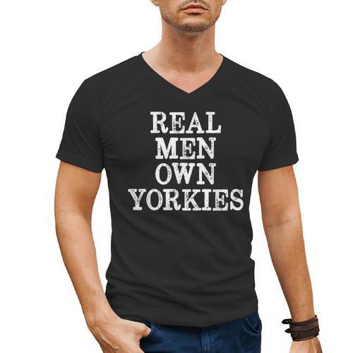 BDAZ Yorkie Dad Real Men Own Yorkies Terriers Dog Husband Small Men's V-Neck T-Shirt - Father's Day Fun