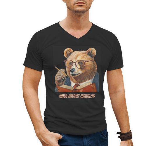 Bear Reading Book Glasses Library Zoo Teacher School Animal Men's V-Neck T-Shirt - Bookorys CA