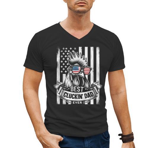Best Cluckin' Dad Ever Chicken Lover Graphic Tees Cotton Polyester Casual Graphic Small Crew Neck Short Sleeve Men's V-Neck T-Shirt - Father's Day Fun