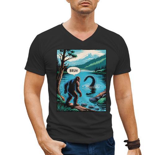 Bigfoot Sasquatch Loch Ness Monster Introvert Bruh Men's V-Neck T-Shirt - Raresse