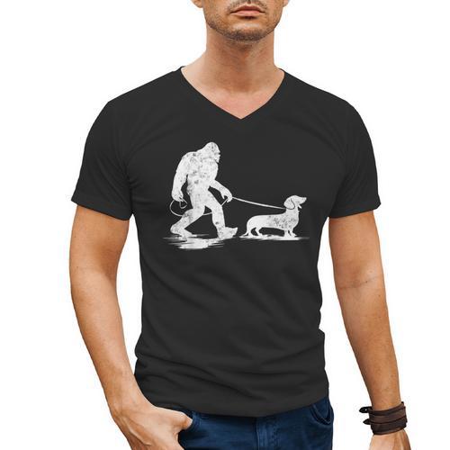 Bigfoot Walking Dachshund Tee Wiener Dog Dad Men's V-Neck T-Shirt - Father's Day Fun