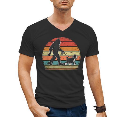 Bigfoot Walking a Dog Bernedoodle Dog Dad Men's V-Neck T-Shirt - Father's Day Fun