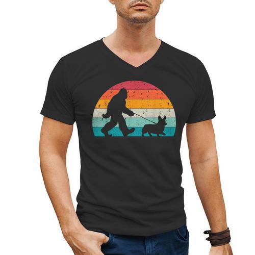 Bigfoot Walking a Dog Corgi Lovers Dog Dad Men's V-Neck T-Shirt - Father's Day Fun
