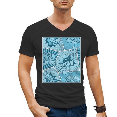 Blue Comic Book Blue Graphic Men's V-Neck T-Shirt - Bookorys