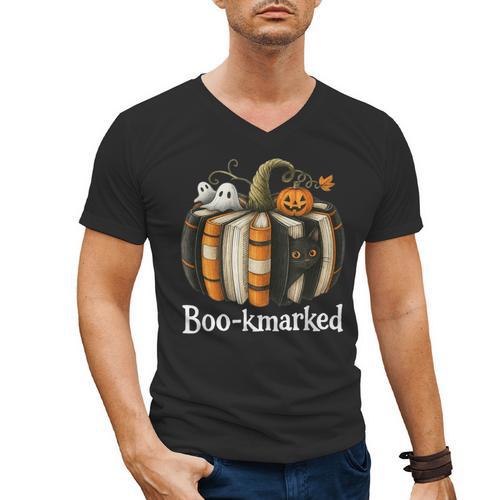 Boo-Kmarked Fall Pumpkin Books Halloween Teacher Teaching Men's V-Neck T-Shirt - Bookorys CA