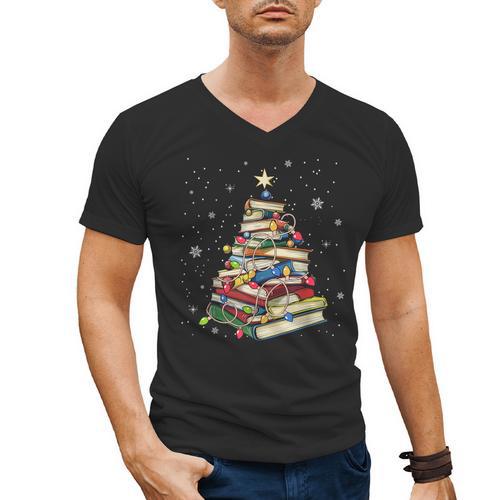 Book Christmas Tree Teacher Book Lover Crew Neck Modern Classic Christmas Small Short Sleeve -Adults -Kids Men's V-Neck T-Shirt - Bookorys