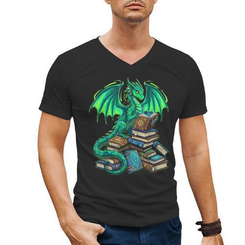 Book Dragon Reading Fantasy Men's V-Neck T-Shirt - Bookorys AU