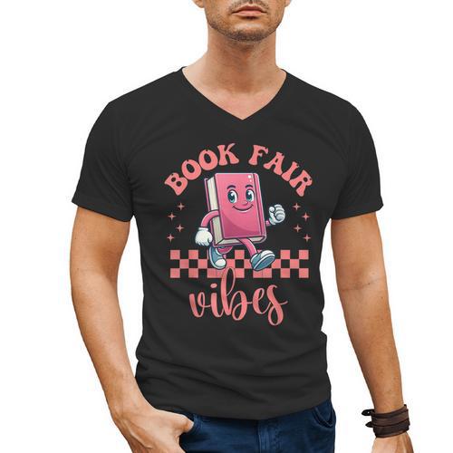 Book Fair Vibes School Librarian Retro 70s Reading Bookworm Men's V-Neck T-Shirt - Bookorys DE