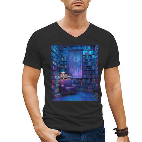 Book Library Bookshelf Armchair Window Pattern Print Men's V-Neck T-Shirt - Bookorys AU