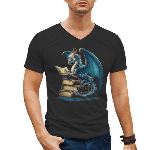 Book Lover Bookworm Reading Books Dragon Sci-Fi Character Men's V-Neck T-Shirt - Bookorys