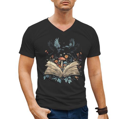 Book Lover Crow Cottagecore Flowers Book Men's V-Neck T-Shirt - Bookorys