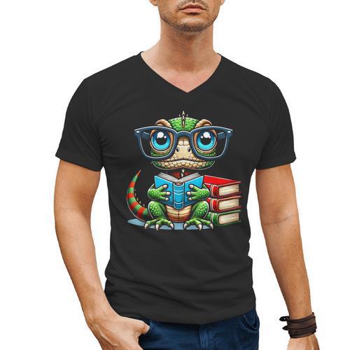 Book Lover Reading Iguana Men's V-Neck T-Shirt - Bookorys DE