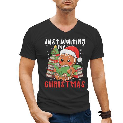 Book Reading Just Waiting For Christmas Gingerbread Men's V-Neck T-Shirt - Bookorys DE