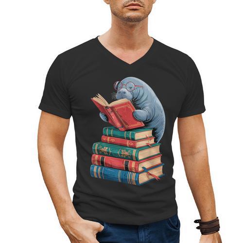 Book Reading Book Reader Manatees Sea Animal Sea Cow Manatee Men's V-Neck T-Shirt - Bookorys