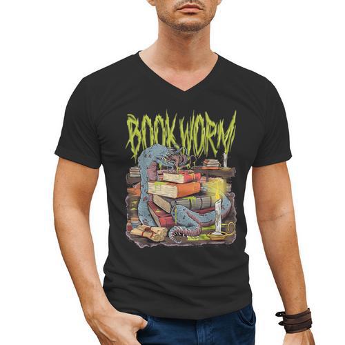 Graphic Book Worm Monster Horror Reading Book Lover Men's V-Neck T-Shirt - Bookorys