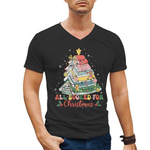 All Booked For Christmas Book Lovers Xmas Tree Lights Men's V-Neck T-Shirt - Bookorys