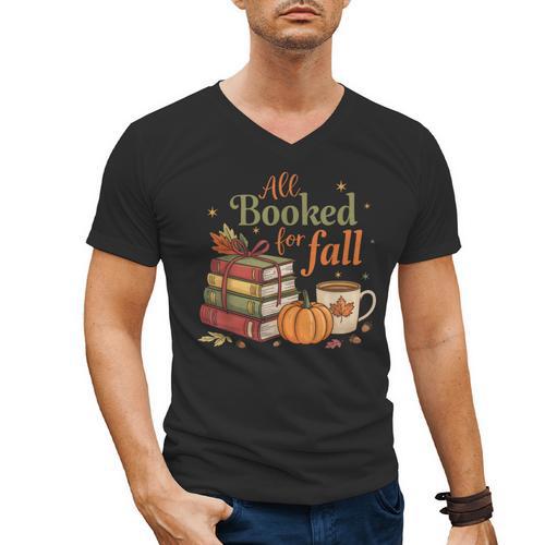 All Booked For Fall Books Coffee Fall Leaves Pumpkins Autumn Men's V-Neck T-Shirt - Bookorys
