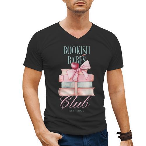Bookish Babes Club Cute Pink Book Stack With Bow Men's V-Neck T-Shirt - Bookorys CA