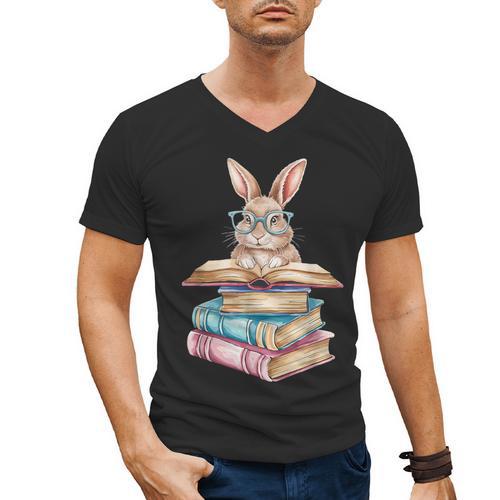 Books Bookworm Reader Book Cute Reading Bunny With Glasses Men's V-Neck T-Shirt - Bookorys