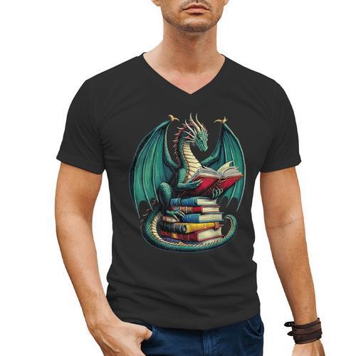 Books Dragon Reading Book Lover Men's V-Neck T-Shirt - Bookorys AU
