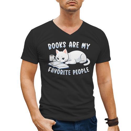 Books Are My Favorite People Cat With Coffee Mug Book Lovers Men's V-Neck T-Shirt - Bookorys UK
